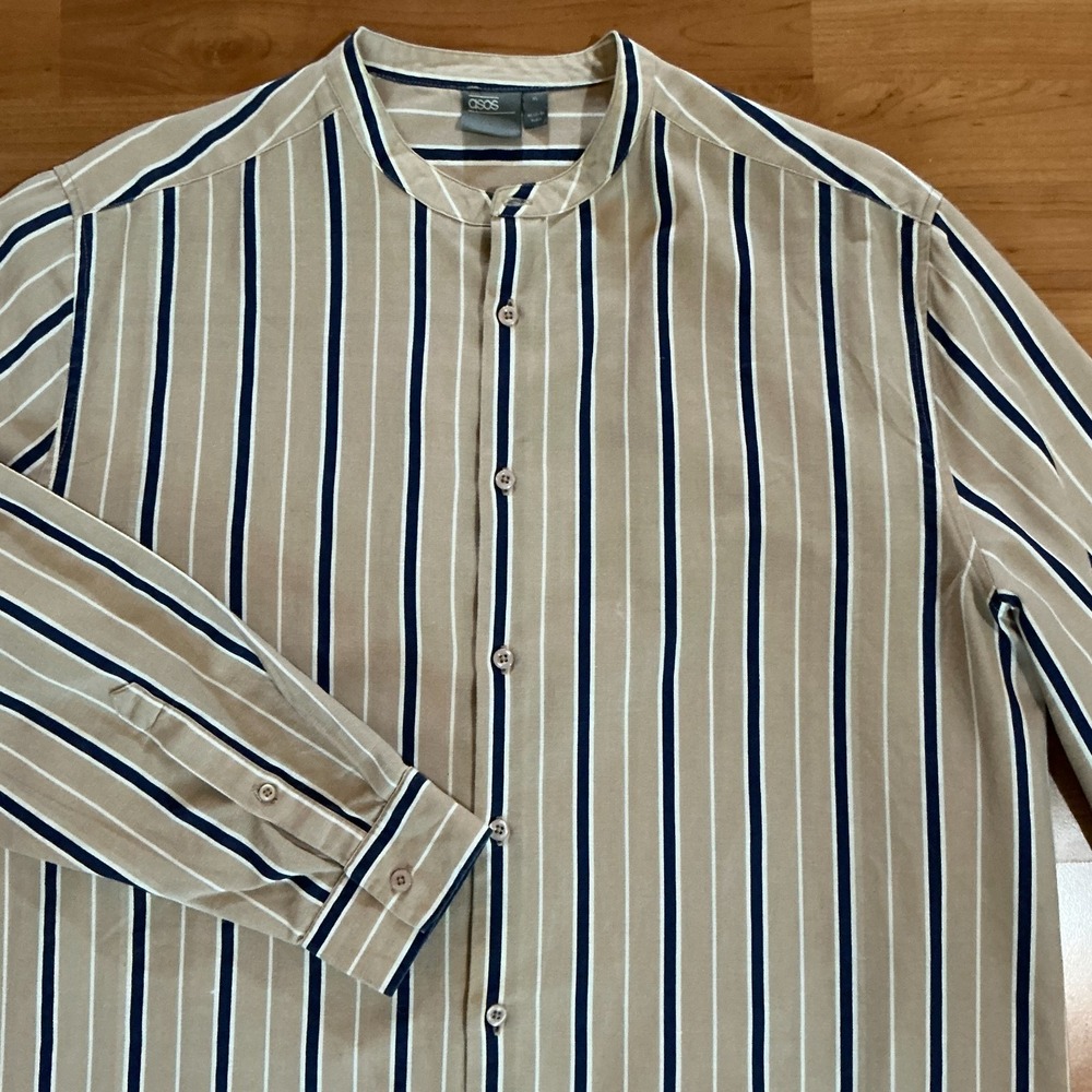 ASOS Design XL Beige Blue Stripe Band Collar Cotton‎ Linen Button Shirt Mens